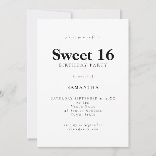 ミニマル文字任意の色の甘い16誕生日パーティー 招待状 (正面)