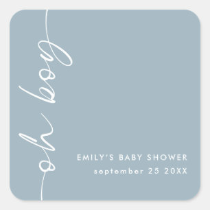 ミニマル文字名Oh Boy Dusty Blue Baby Shower スクエアシール