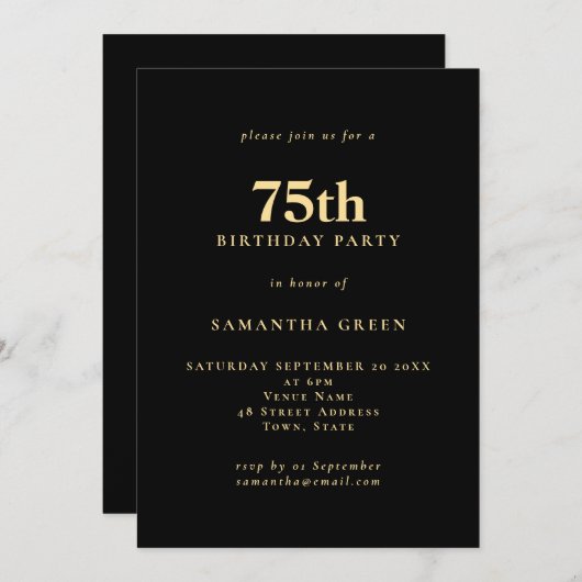 ミニマル文字金ゴールドブラック75thバースデーパーティー 招待状 (正面/裏面)