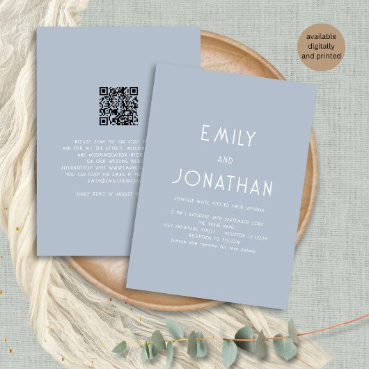 ミニマル文字QRコードほこりブルー結婚ズ 招待状