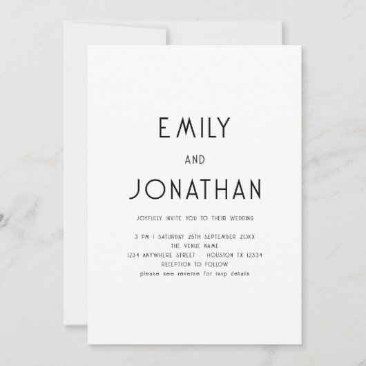 ミニマル文字QRコード白黒結婚 招待状 (正面)