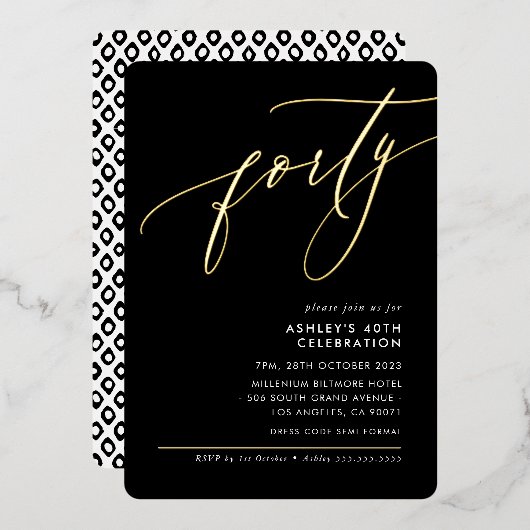 ミニマル書エレガント40番目パーティーブラック 箔招待状 (正面/裏面)