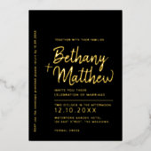 ミニマル書結婚の黒金ゴールド 箔招待状 (正面)