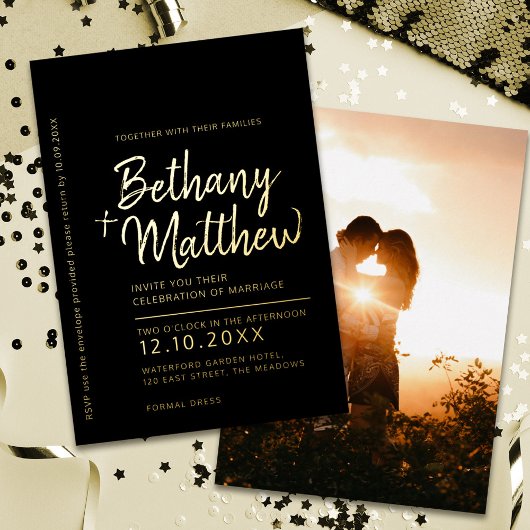 ミニマル書結婚の黒金ゴールド 箔招待状