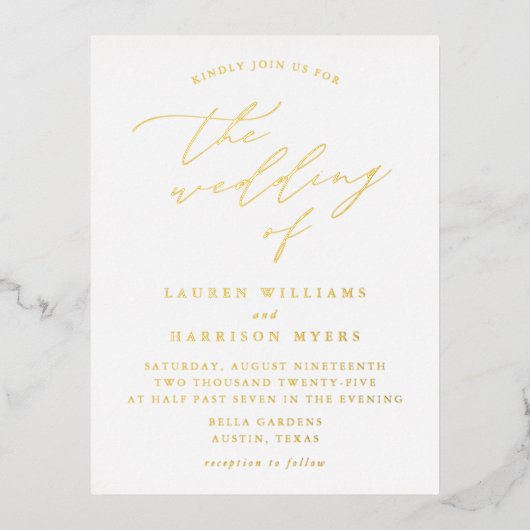 ミニマル書結婚文字 箔招待状ポストカード (正面)