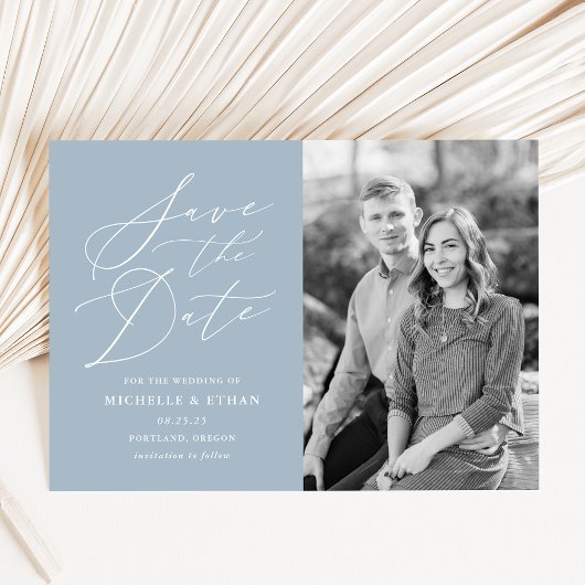 ミニマル書道スクリプトライトブルー写真 セーブザデート