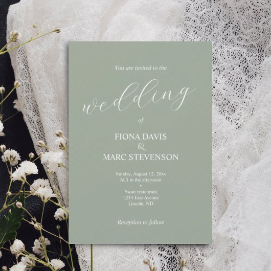 ミニマル書道セージ結婚グリーン 招待状