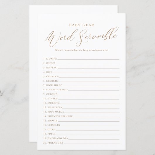 ミニマル書道ベビーシャワー単語スクランブル (正面/裏面)