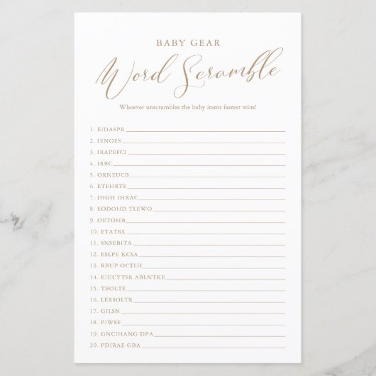 ミニマル書道ベビーシャワー単語スクランブル (正面)