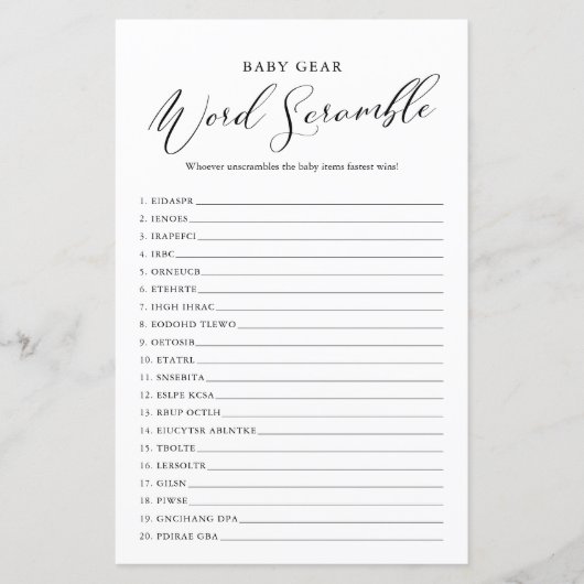 ミニマル書道ベビーシャワー単語スクランブル (正面)