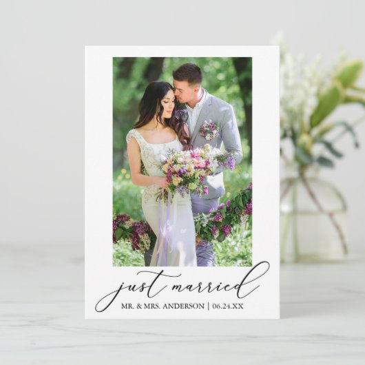 ミニマル書道写真たった今結婚しました結婚ズ 案内状 (スタンド正面)