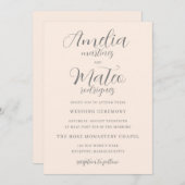 ミニマル書道赤面結婚ピンク 招待状 (正面/裏面)