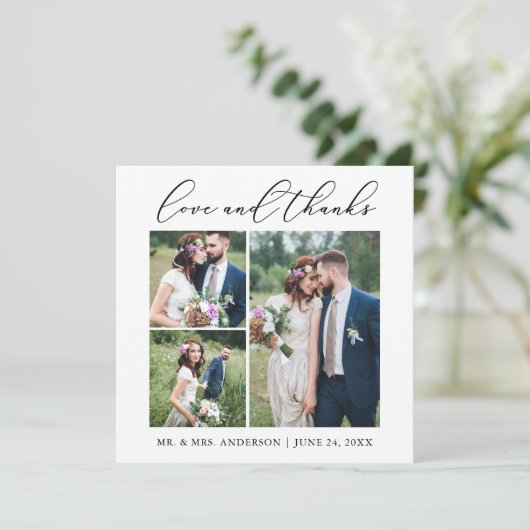 ミニマル書道3写真結婚のラブスクエア サンキューカード (スタンド正面)