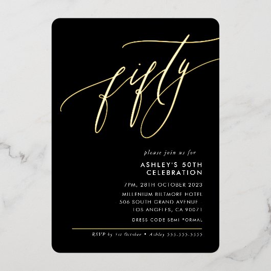ミニマル書50エレガント番目のパーティーブラック 箔招待状 (正面)
