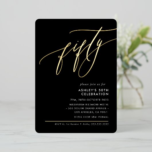 ミニマル書50エレガント番目のパーティーブラック 箔招待状 (立ち正面)