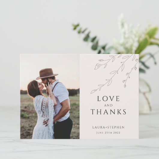 ミニマル植物写真結婚のサンキューカード セーブザデート (スタンド正面)