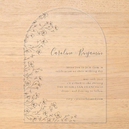 ミニマル派ボホ白黒フローラアー結婚ト アクリル招待状 (正面)