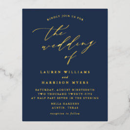 ミニマル海軍と金ゴールド書結婚の 箔招待状ポストカード