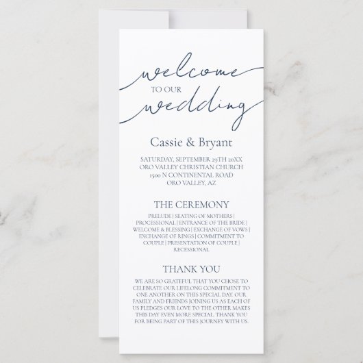 ミニマル海軍ブルースクリプトモダン結婚式 プログラム (正面)