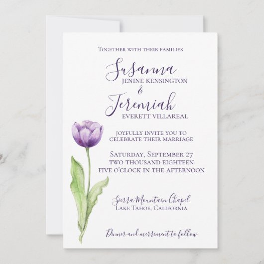 ミニマル深いパープ独身の・チューリ結婚ップの写真 招待状 (正面)