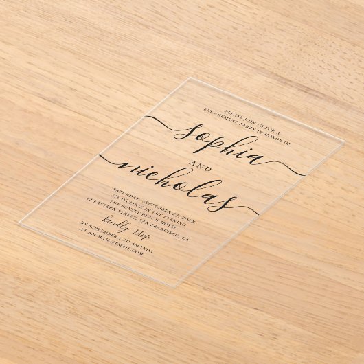 ミニマル澄ん婚約パーティ | スクリプトエレガント アクリル招待状 (レイダウン)