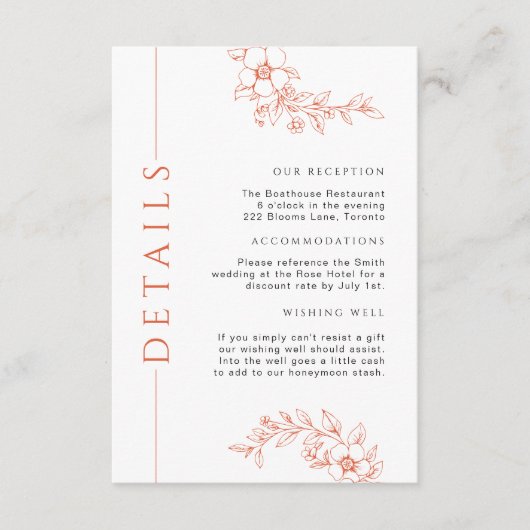 ミニマル焼きオレンジ色のフローラ結婚の詳細挿入 エンクロージャーカード (正面)