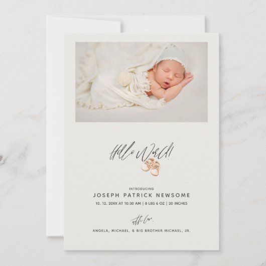 ミニマル生まれたばかりのベビーフォトハローワールド 案内状 (正面)