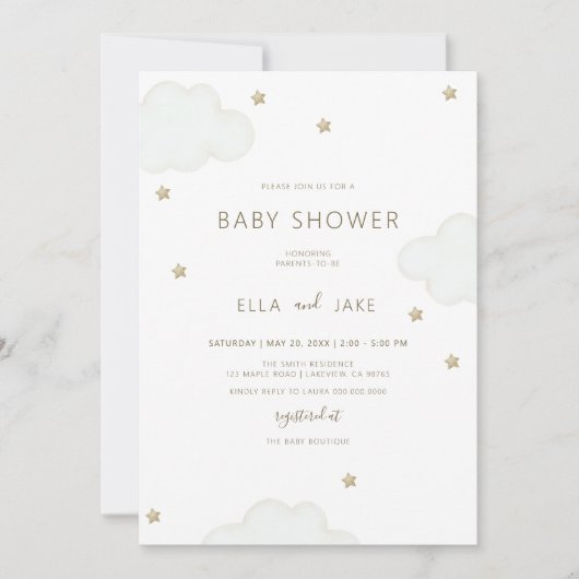 ミニマル男女兼用リストクラウド星ベビーシャワー 招待状 (正面)