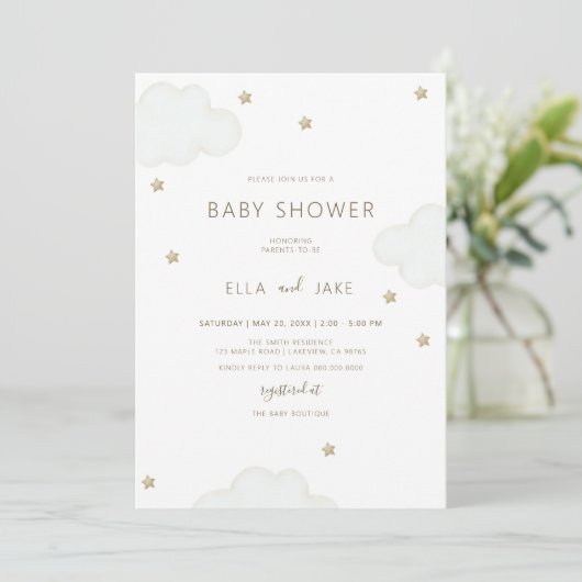 ミニマル男女兼用リストクラウド星ベビーシャワー 招待状 (スタンド正面)