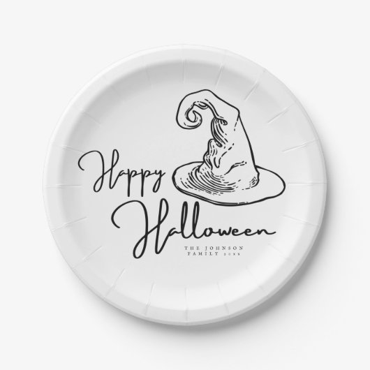 ミニマル白と黒の魔女ハットハロウィーン ペーパープレート (正面)