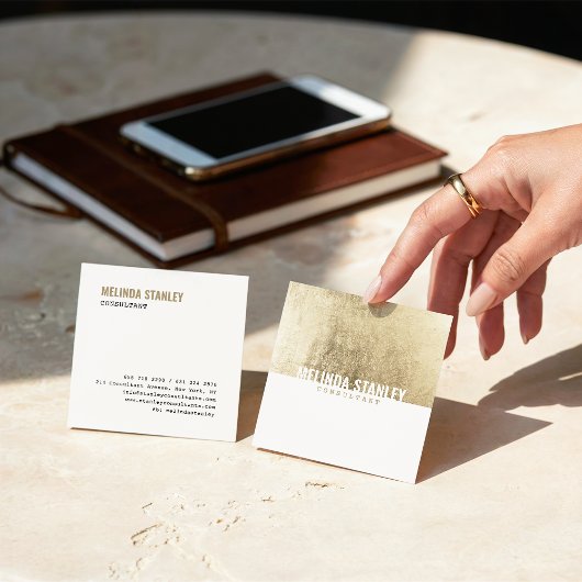 ミニマル白シック金ゴールドホイルエレガントカラーブロック スクエア名刺