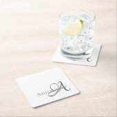 ミニマル白シンプルモノグラム名 スクエアペーパーコースター (インサイチュ)