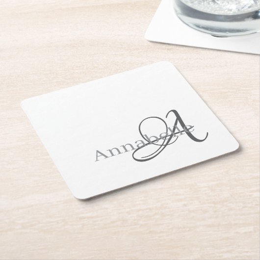 ミニマル白シンプルモノグラム名 スクエアペーパーコースター (アングル)