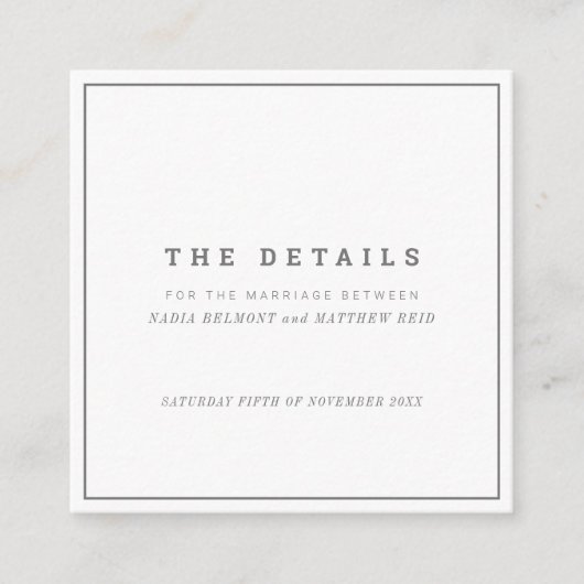 ミニマル白灰色結婚詳細 エンクロージャーカード (正面)