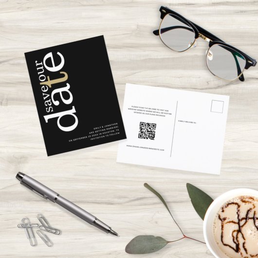 ミニマル白金ゴールドブラックQRコード日付の保存 ポストカード