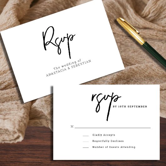 ミニマル白黒のスクリプ結婚ト 出欠カード