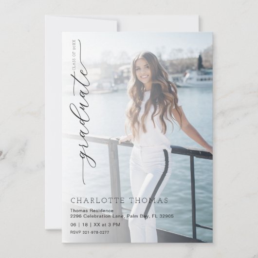 ミニマル白黒の卒業式パーティー 招待状 (正面)