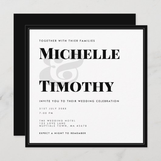 ミニマル白黒はっきりした結婚タイポグラフィのInv 招待状 (正面/裏面)