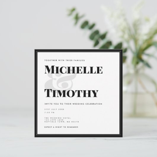 ミニマル白黒はっきりした結婚タイポグラフィのInv 招待状 (スタンド正面)