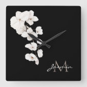 ミニマル白黒オーキッドフローラ スクエア壁時計 (正面)