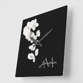 ミニマル白黒オーキッドフローラ スクエア壁時計 (傾斜)