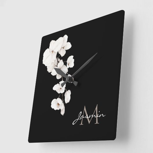 ミニマル白黒オーキッドフローラ スクエア壁時計 (傾斜)