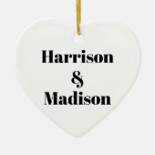 ミニマル白黒カスタムカップル名ハート セラミックオーナメント (正面)