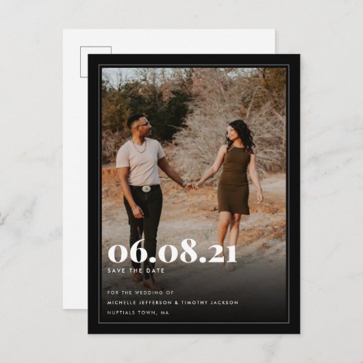 ミニマル白黒カスタム写真日付の保存 案内ポストカード (正面/裏面)