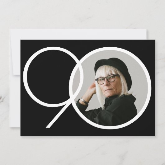 ミニマル白黒カスタム写真90誕生日 招待状 (正面)