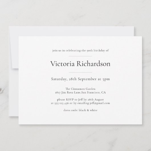 ミニマル白黒カスタム写真90誕生日 招待状 (裏面)