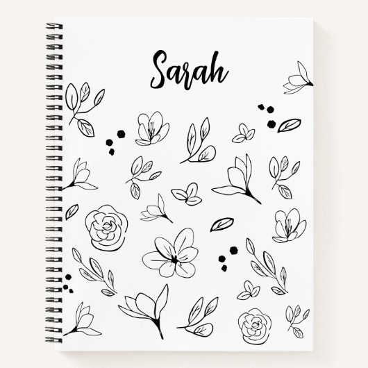 ミニマル白黒シンプルフローラパーソナライズされた ノートブック (正面)
