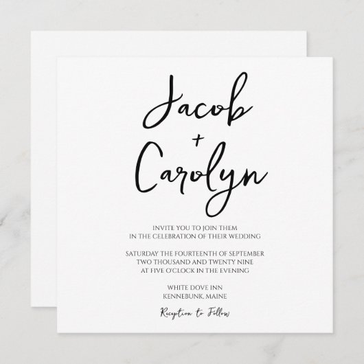 ミニマル白黒スクエア結婚式招待状 招待状 (正面/裏面)