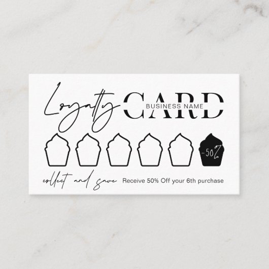 ミニマル白黒スクリプトロゴカップケーキベーカリー ロイヤリティカード (正面)