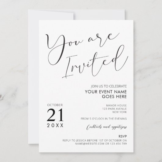 ミニマル白黒スクリプトロゴビジネスパーティー 招待状 (正面)